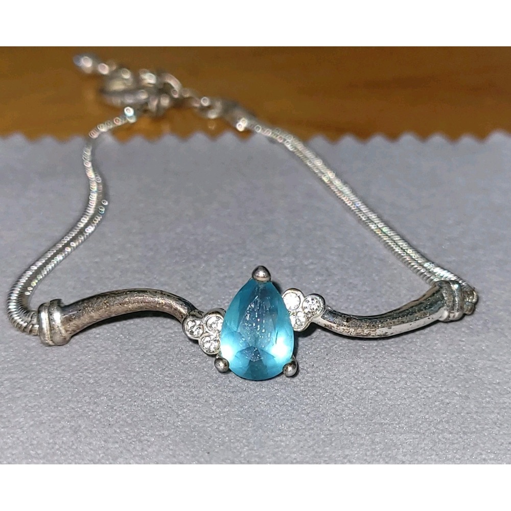 Vintage Aqua Blue Teardrop Crystal Rhinestone Silver Tone Bracelet 7in